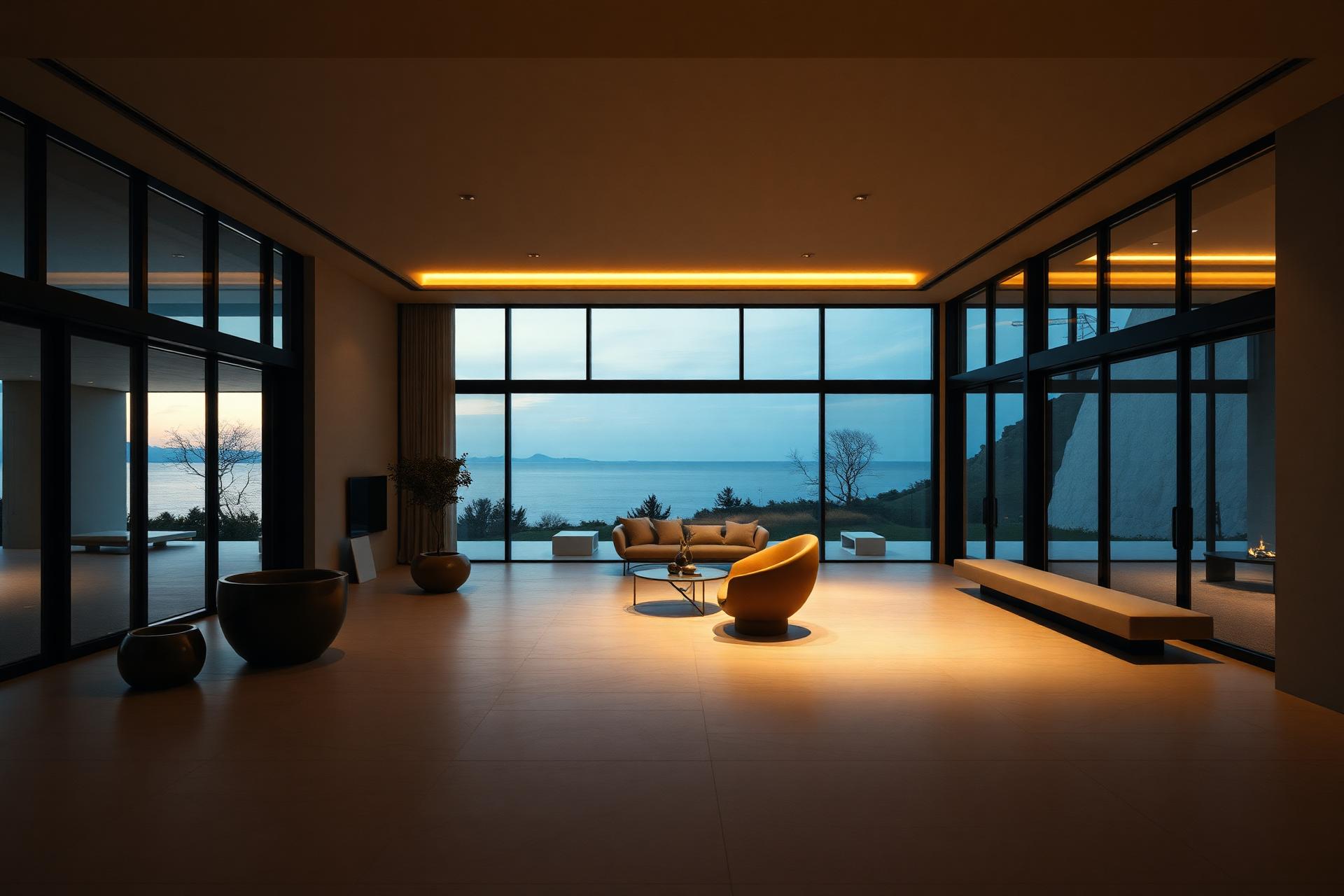 Luxury villa living room with large-format stone tiles at dusk